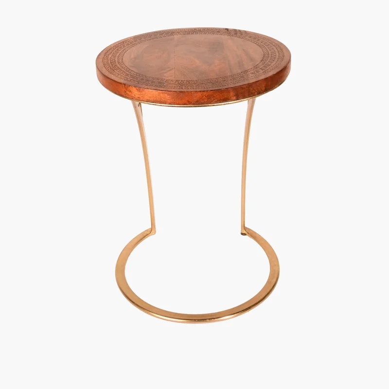Home Carving Wooden Round Side Table in Honey Finish